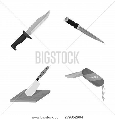 Vector Design Of Knife And Cut Sign. Set Of Knife And Flat Stock Vector Illustration.