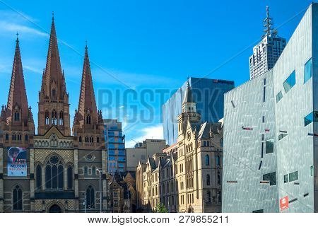 Melbourne, Australia - October 9, 2014:  Modern And Classical Architectures In Federation