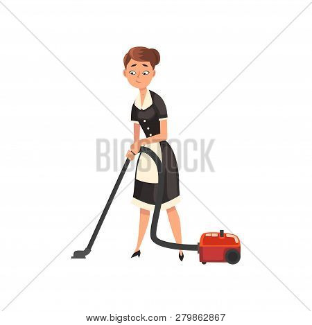 Maid Wearing Uniform With Vacuum Cleaner, Housemaid Character Wearing Classic Uniform With Black Dre
