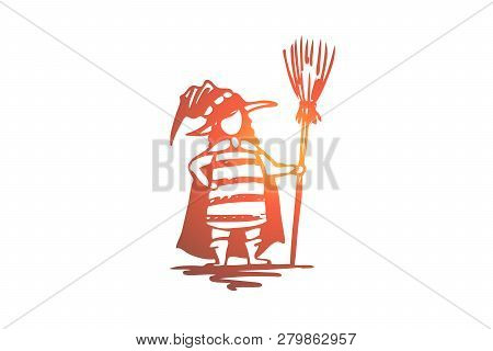 Halloween, Female, Costume, Hat, Broom Concept. Hand Drawn Woman In Halloween Costume With Broom Con