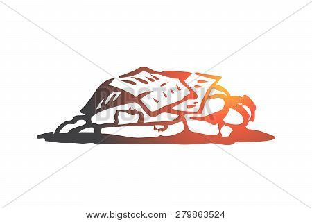 Homeless, Sleep, Outdoor, Poor, Miserable Concept. Hand Drawn Homeless Man Sleeping Outdoor Concept 