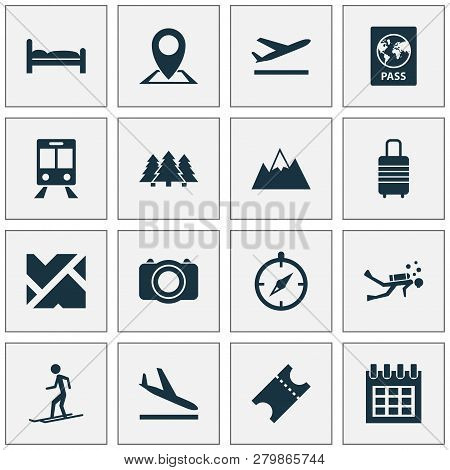 Traveling Icons Set With Calendar, Mountains, Bed And Other Doss Elements. Isolated Vector Illustrat