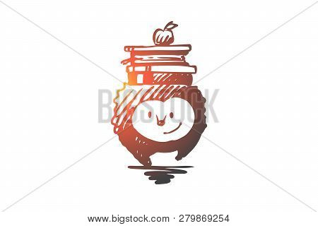 School, Animal, Hedgehog, Book, Apple Concept. Hand Drawn Animal Character Hedgehog Holds Books Conc