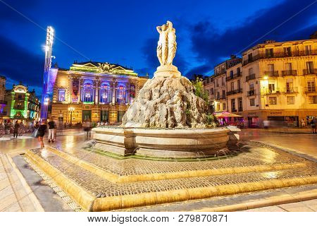 Montpellier, France - September 21, 2018: Fountain Of The Three Graces At The Place De La Comedie, M