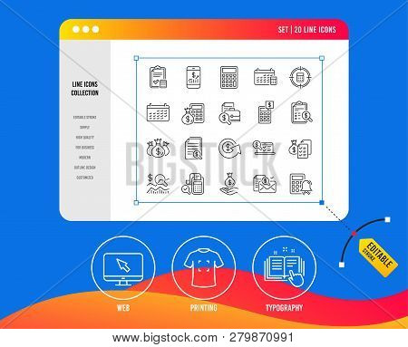 Accounting Line Icons. Set Of Calculation, Check Investment And Report Linear Icons. Calendar, Banki