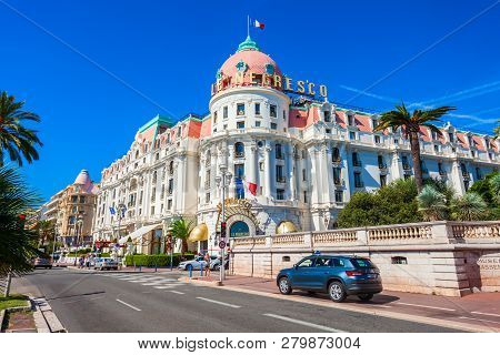Nice, France - September 27, 2018: The Hotel Negresco And Restaurant Le Chantecler On The Promenade 