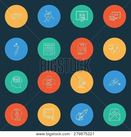 Education Icons Line Style Set With School Transcript, Genetics, Distance Leaning And Other Pharmacy