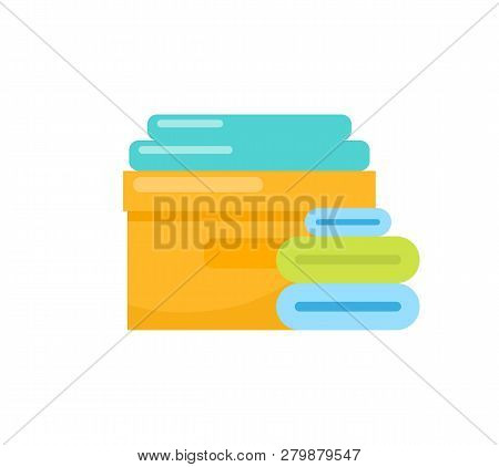 Pile Of Towels And Box With Tools For Massage Cartoon Icon Vector Banner. Stack Of Curved And Folded