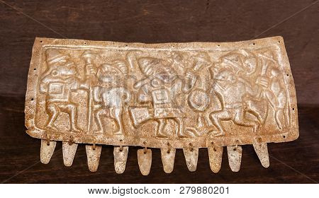 Yekaterinburg, Russia - January 17, 2019: Silver Breast Pectoral Of Ancient Peruvian Moche Culture, 