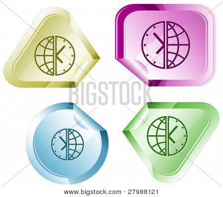 Globe et horloge. Autocollant de vecteur.
