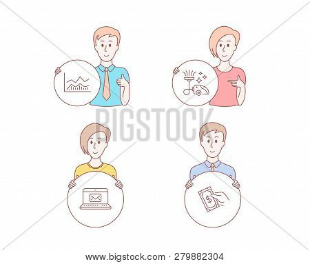 People Hand Drawn Style. Set Of E-mail, Trade Infochart And Vacuum Cleaner Icons. Pay Money Sign. Ne