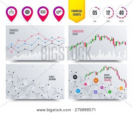 Financial Planning Charts. Website Database Icon. Internet Globe And Gear Signs. 404 Page Not Found 