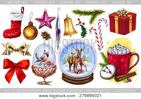 Set With Winter Festive Elements, Toys, Decorative Compositions For Postcards, Prints And Ohter. Ill