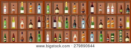 Alcohol Drinks Collection. Bottles On Shelf. Vodka Champagne Wine Whiskey Beer Brandy Tequila Cognac