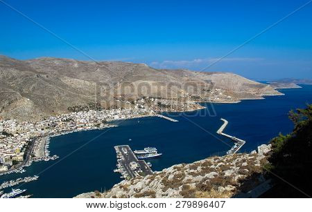 Beautiful View From The Top Of The Hill On The Marvelous Bay Greek Island Of Kalymnos. The Port Of T