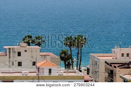 Almunecar, Spain - June 8, 2018 View Of The Tourist Town Of Almunecar On The Costa Tropical In Spain