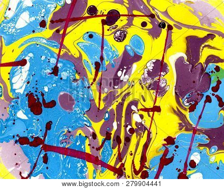 Abstract Marbling, Ebru Style Background With Spots Of Blue, Yellow And Violet And Splashes Of Red C