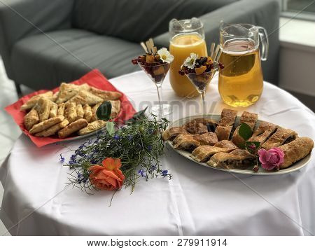 Nonalcoholic Buffet Table With Light Snacks And Canape In Oficial Event