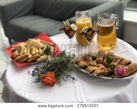 Nonalcoholic Buffet Table With Light Snacks And Canape In Oficial Event
