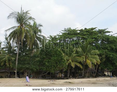 Anyer, Indonesia - June 26, 2018: Beach Bungalows On Sambolo Beach.