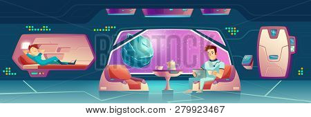 Vector Illustration With A Bedroom At Spaceship With Astronauts. Crew Members Relax, Female And Male