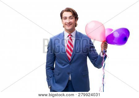 Elegant businessman with balloons isolated on white