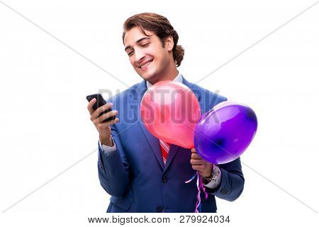 Elegant businessman with balloons isolated on white