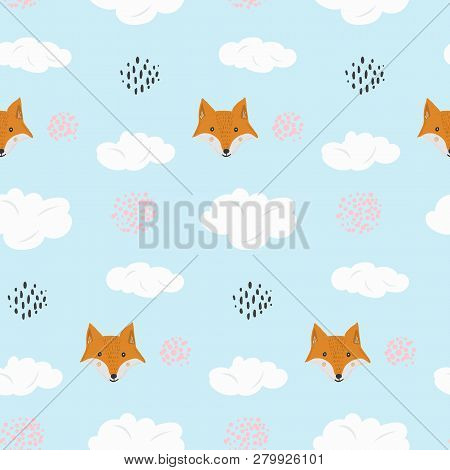 Cute Seamless Pattern With Cartoon Orange Fox And Dotted Circles In Blue Sky Background. Funny Hand 