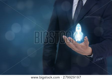 Start Up Concept, Business Man Hand Holding The Start Up New Business Icon For New Team , New Projec