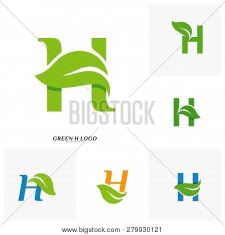 Set Of Letter H With Leaf Logo Design Concept Vector. Initial H Nature Logo Template