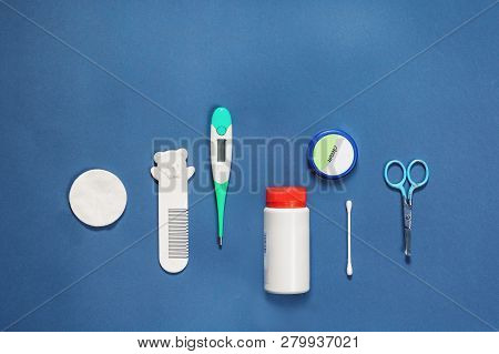 Accessory For The Care Of A Newborn, Scissors, Comb, Cream, Powder, Thermometer, Stick, Cotton Wool,