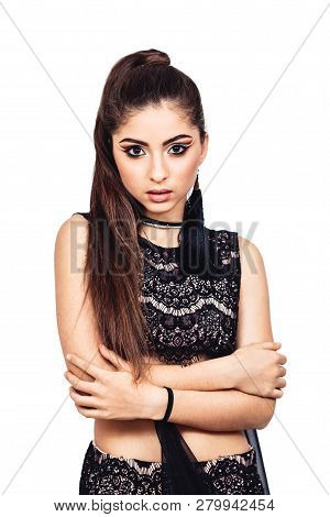 Graceful Young Girl Bellydancer With Oriental Make-up Posing In A Costume Of Raqs Sharqi. Isolated O