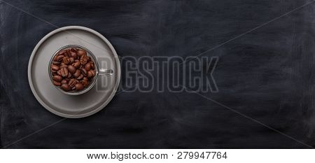 Coffee Cup And Beans On Black Chalkboard Background, Banner