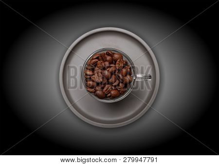 Coffee Cup And Beans On Black Color Background, Top View