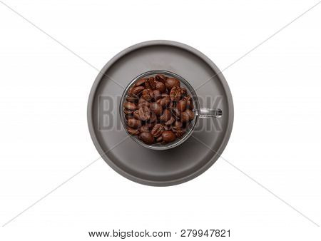 Coffee Cup And Beans Isolated Cutout On White Color Background, Top View