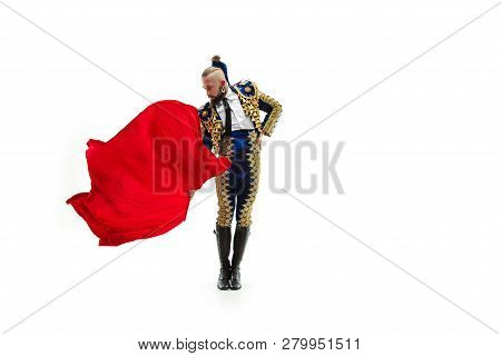 Torero In Blue And Gold Suit Or Typical Spanish Bullfighter Isolated Over White Studio Background. T