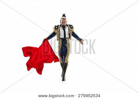 Torero In Blue And Gold Suit Or Typical Spanish Bullfighter Isolated Over White Studio Background. T