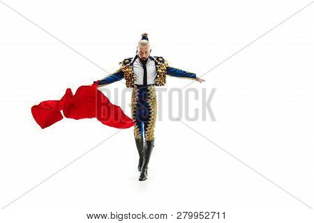 Torero In Blue And Gold Suit Or Typical Spanish Bullfighter Isolated Over White Studio Background. T