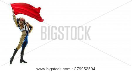 Torero In Blue And Gold Suit Or Typical Spanish Bullfighter Isolated Over White Studio Background. T