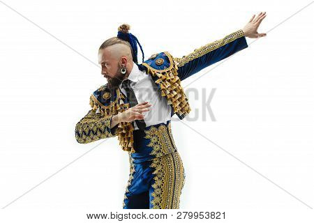 Torero In Blue And Gold Suit Or Typical Spanish Bullfighter Isolated Over White Studio Background. T