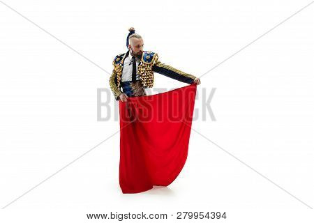 Torero In Blue And Gold Suit Or Typical Spanish Bullfighter Isolated Over White Studio Background. T