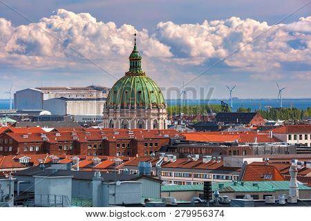Scenic Summer Aerial View Of Old Town Skyline With Frederiks Church Or Marble Church And Lot Of Red 