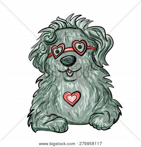 Romantic Bobtail Dog With Heart And Glasses For Valentines Day. Vector Illustration. - Vector