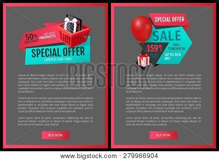 Fixed Price 159.90, Special Offer Promo Posters With Half Price Discounts. Advertisement Labels On W