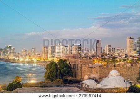 Tel Aviv Israel November 2016: Tel Aviv City Coastline At Night, Israel.