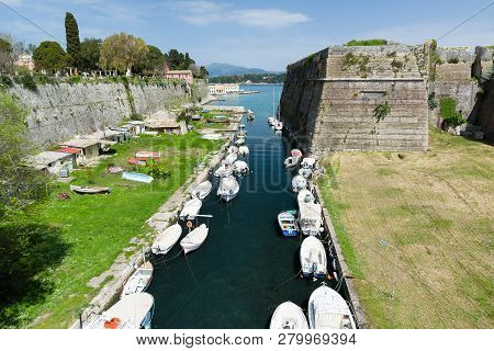 The Old Fortress, Corfu Town, Greece. The Contrafossa Canal That Connecting The Gulf Of Kerkyra With