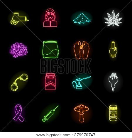 Drug Addiction And Attributes Neon Icons In Set Collection For Design. Addict And Drug Vector Symbol
