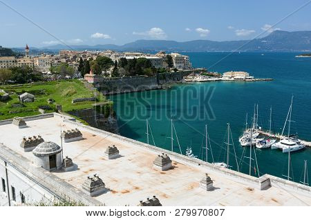 Old Corfu Town Cityscape, Greece. View To Kerkyra Town From The Old Fortress.