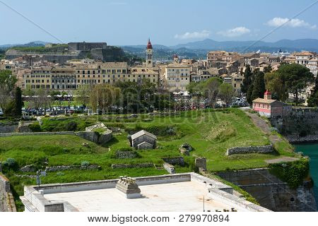 Old Corfu Town Cityscape, Greece. View To Kerkyra Town From The Old Fortress.