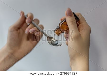 Dropper And Spoon, Hands Holding Medicine Instument, Dose For Treatment